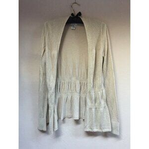 Cache Women Medium Metallic Open Front Peplum Cardigan Sweater Beige Lightweight